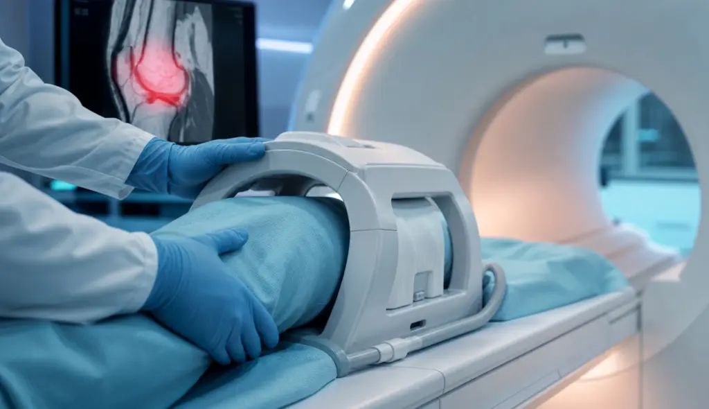 Das Knie eines Patienten wird für die MRT-Untersuchung in einer Spule gelagert